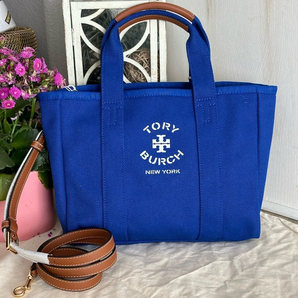 NWT Tory Burch canvas Tote, blue Dahlia, MSRP $349